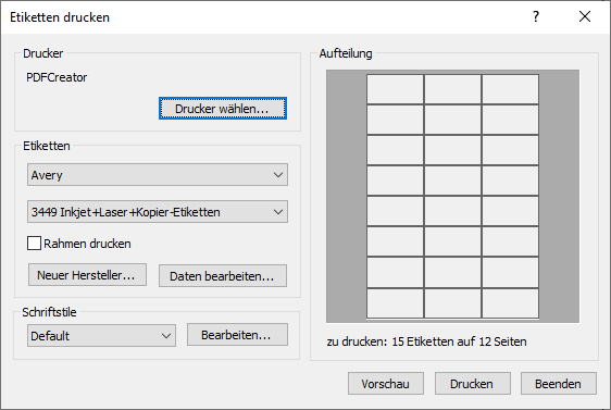 Dialog Etiketten drucken Linear AutoCAD