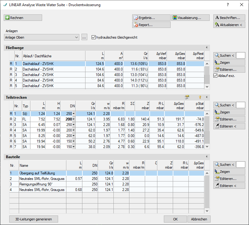 Berechnungsdialog Abwasser Linear AutoCAD