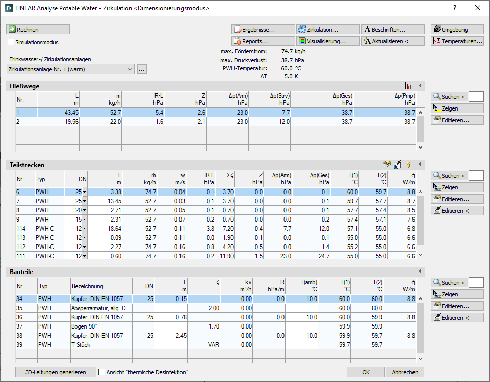 Berechnungsdialog Trinkwasser Zirkulationsanlagen LINEAR AutoCAD