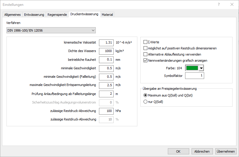 Dialog Einstellungen Druckentwässerung Linear AutoCAD
