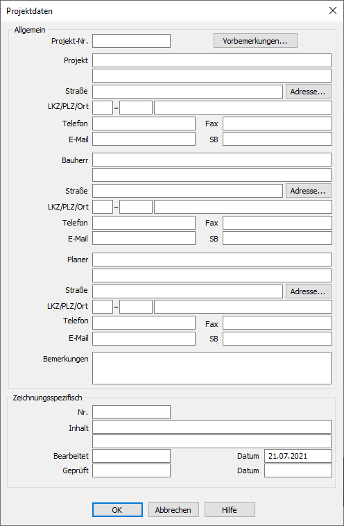 Hauptdialog Projektdaten Linear Revit