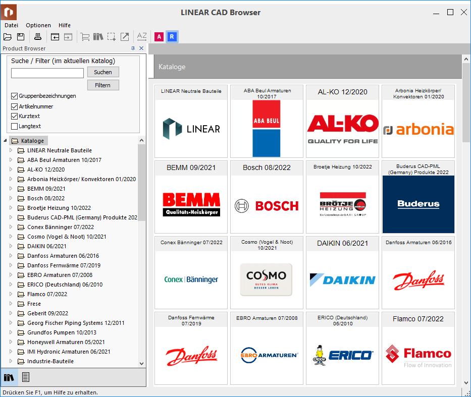 Auswahl Hersteller Linear CAD Browser