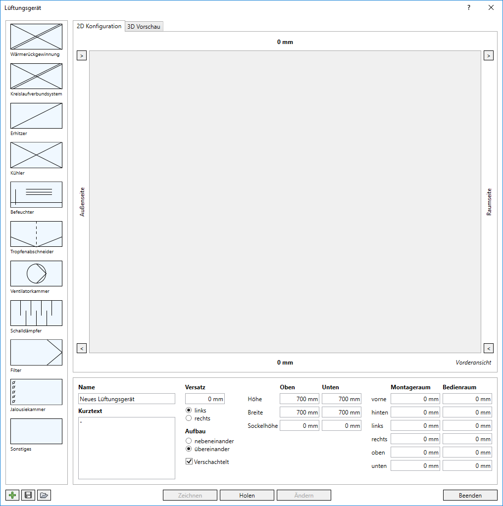 Dialog Lüftungsgerät Konfigurator Linear Revit