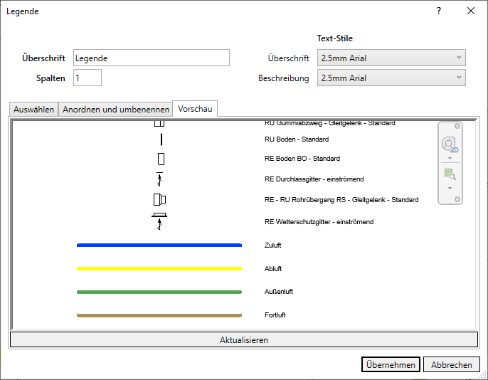 Dialog Legende Vorschau Linear Revit