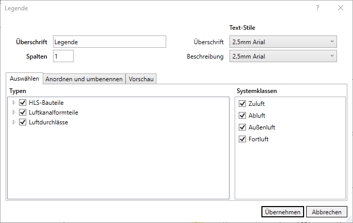 Dialog Legende Auswahl Linear Revit