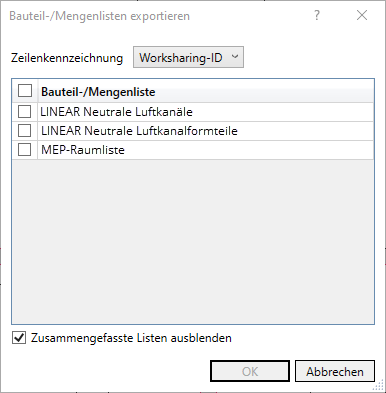 Dialog Bauteil Mengenlisten Linear Revit