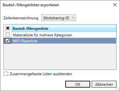Dialog Bauteilliste Mengeliste Linear Revit