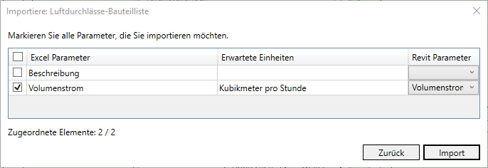 Dialog Importiere Luftdurchlässe Linear Revit