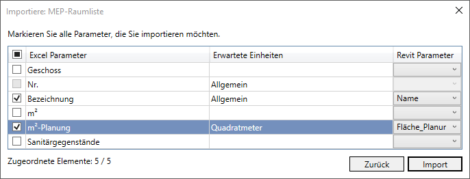 Dialog Importiere MEP Raumliste Linear Revit