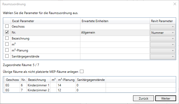 Dialog Raumzuordnung Linear Revit