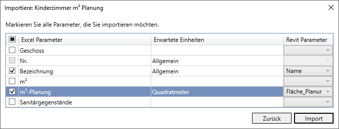 Dialog Importieren Raum Linear Revit