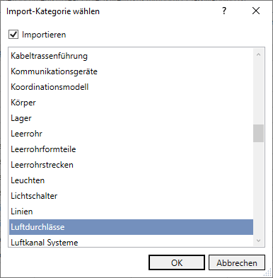 Dialog Import Kategorien Linear Revit