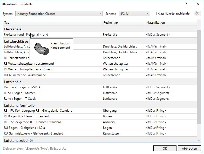Dialog Klassifikationstabelle Linear Revit