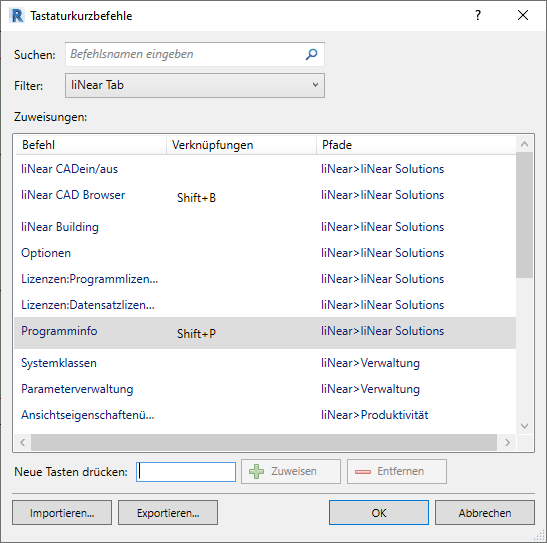 Dialog Tastaturkurzbefehle Linear Revit