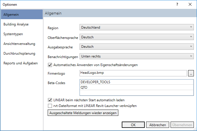 Dialog Optionen Allgemein Linear Revit