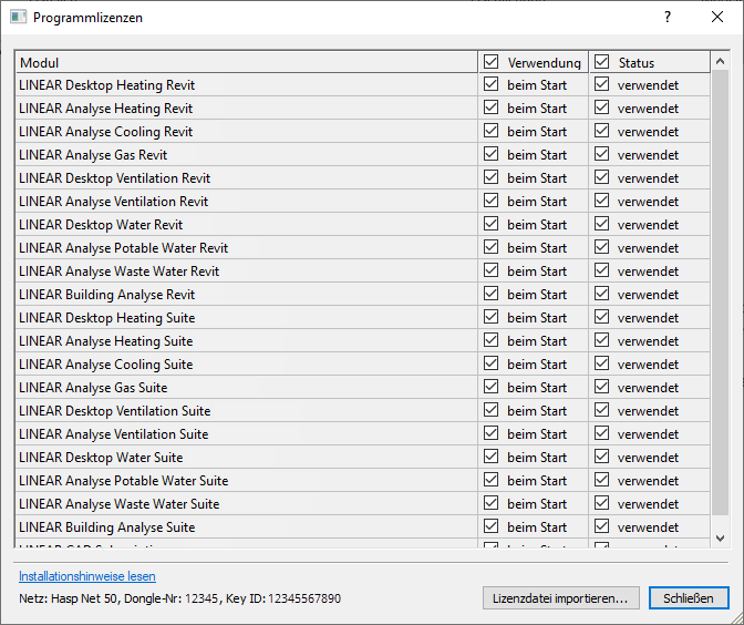 Programmlizenzen Dialog Linear Revit