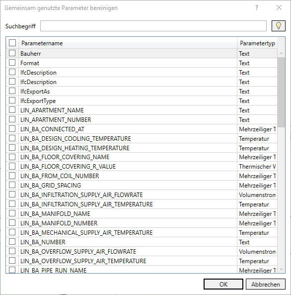 Dialog Parameter bereinigen Linear Revit