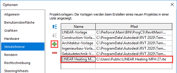 Optionen Vorlagen Projekt Linear Revit