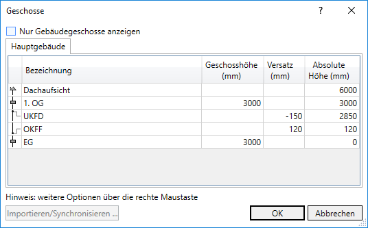 Dialog Geschosse Linear Revit