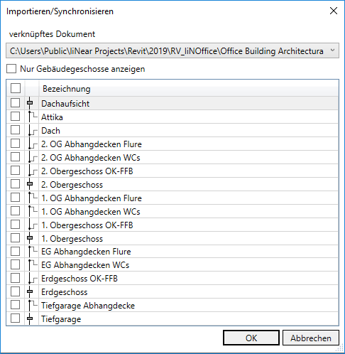 Dialog Geschosse Importieren Synchronisieren Linear Revit