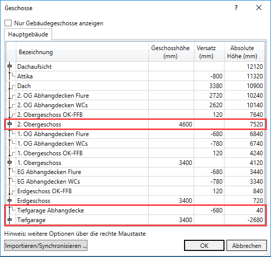 Dialog Geschosse Architektur Linear Revit