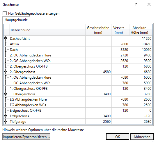 Dialog Geschosse Linear Revit