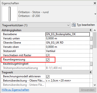 Eigenschaften Raumbegrenzung MEP Räume Linear Revit