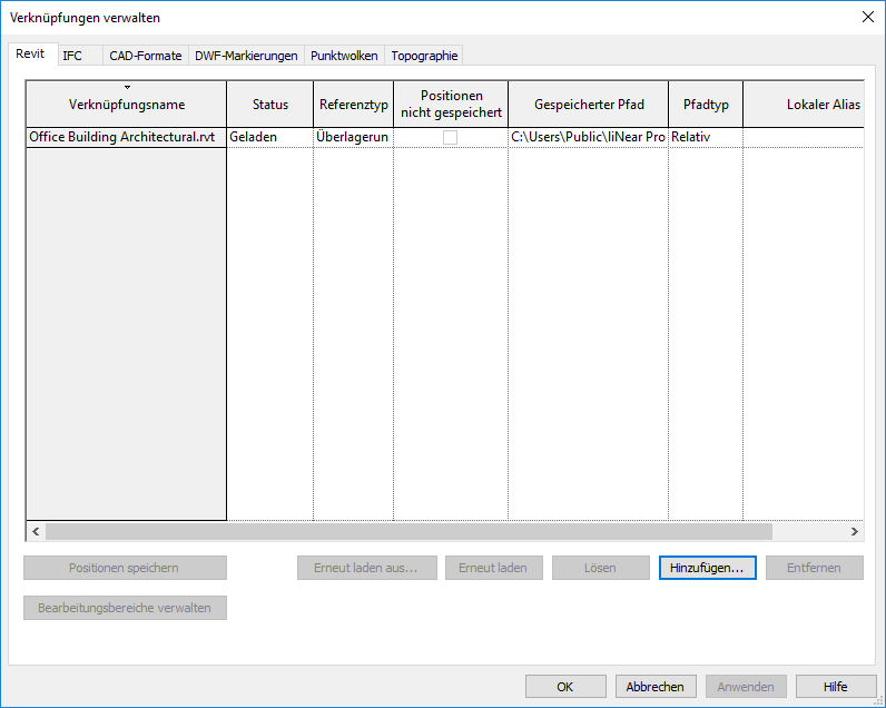 Verknüpfungen verwalten Linear Revit
