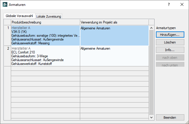 Armaturen wählen Dialog Linear Revit