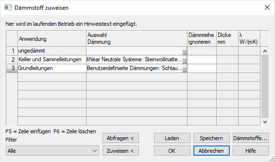 Dialog Dämmstoffe zuweisen Linear Revit