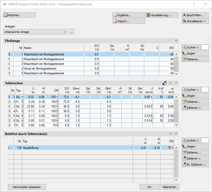 Analyse Waste Water Berechnung Linear Revit