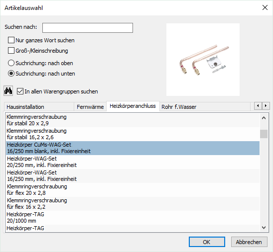 Dialog Artikelauswahl Linear Revit