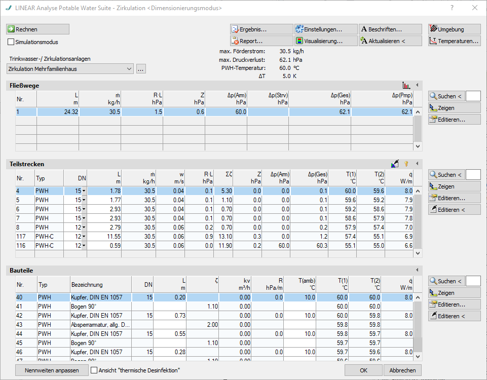 Dialog Berechnung Potable Water Linear Revit