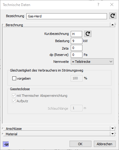 Dialog Technische Daten Verbraucher Gas Linear AutoCAD