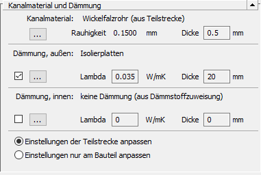 Dialog Technische Daten Kanalmaterial Dämmung Linear Revit
