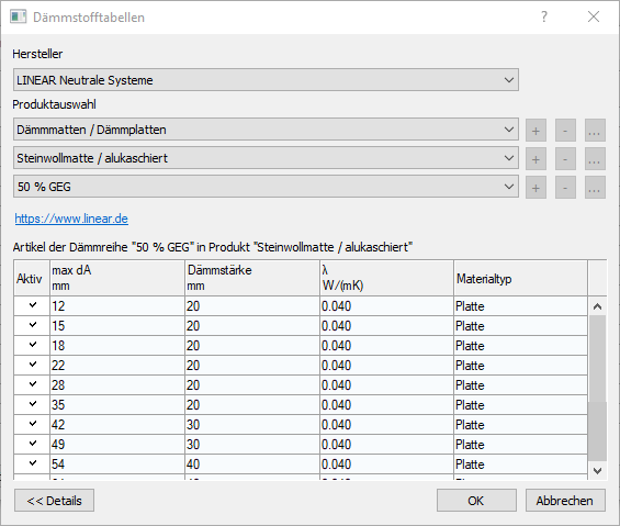 Dialog Dämmstofftabellen Linear Revit