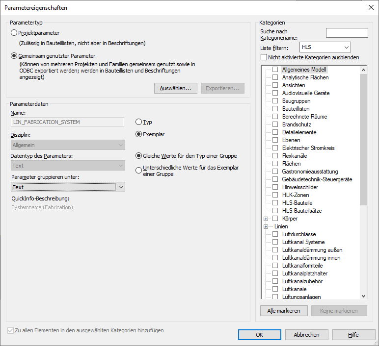 Dialog Parametereigenschaften Linear Revit