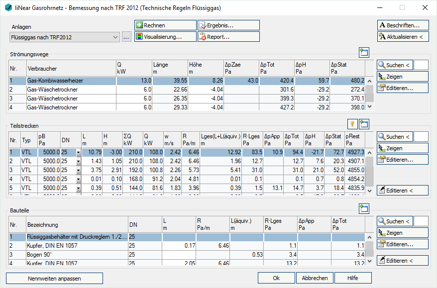 Berechnungsdialog Analyse Gas Linear Revit