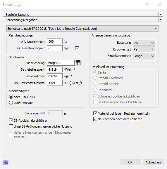 Einstellungen Gas Linear Analyse