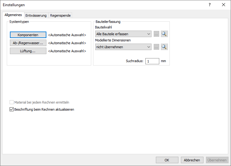 Dialog Einstellungen Druckentwässerung Linear Revit