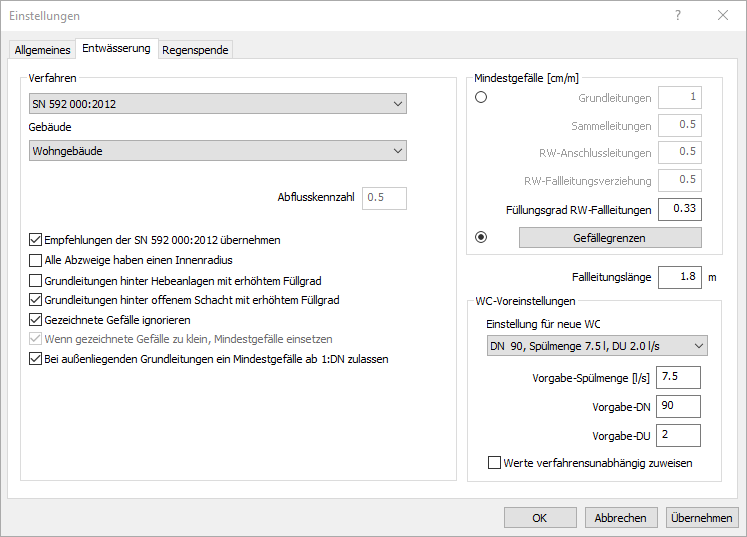 Dialog Einstellungen Entwässerung Linear Revit