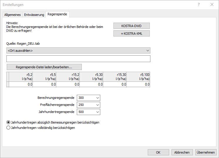 Dialog Einstellungen Regenspende Linear Revit