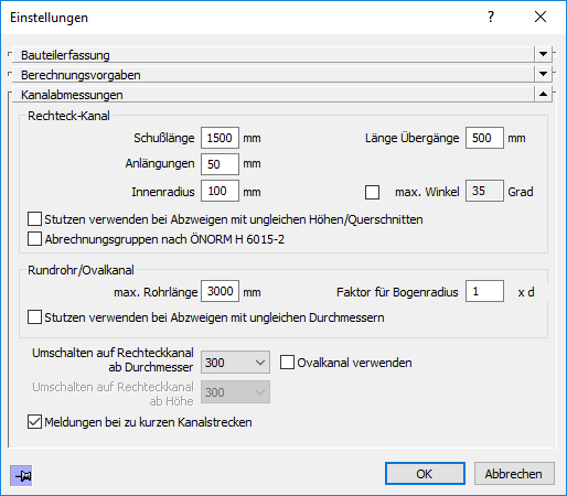 Einstellungen Lüftung Linear Revit Dialog