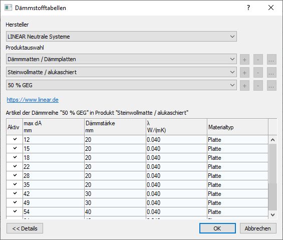 Dialog Dämmstofftabellen Linear Revit