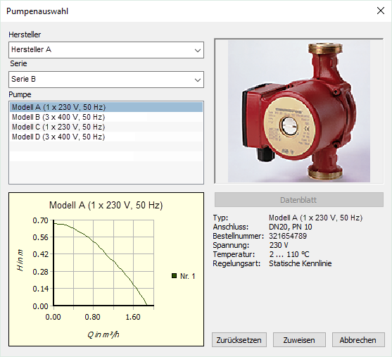 Dialog Pumpenauswahl Linear Revit