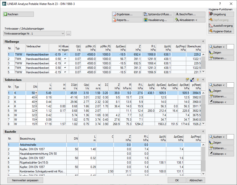 Dialog Berechnung Trinkwasser Linear Revit