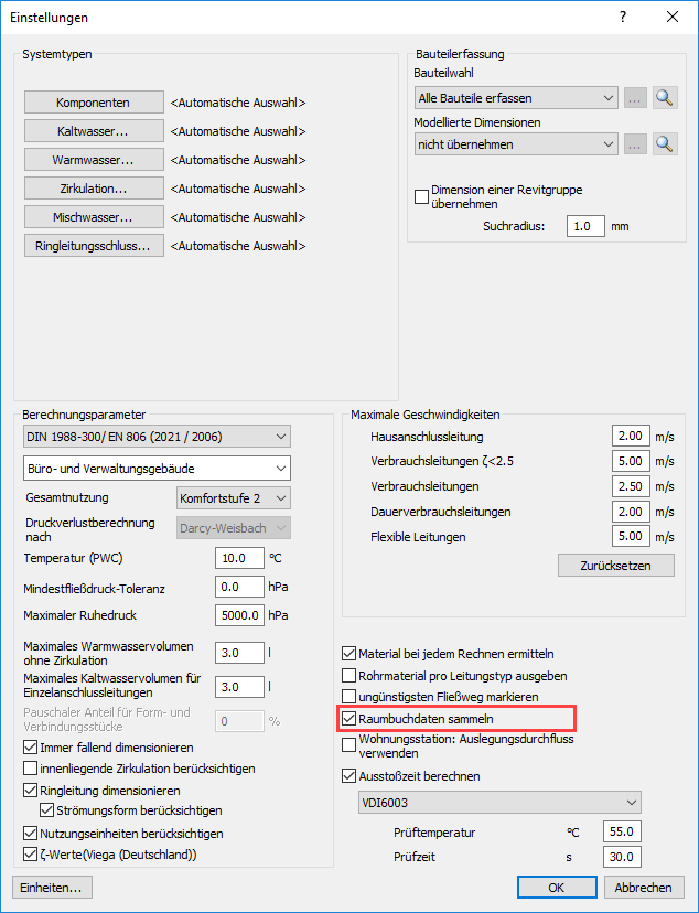 Dialog Einstellungen Trinkwasser