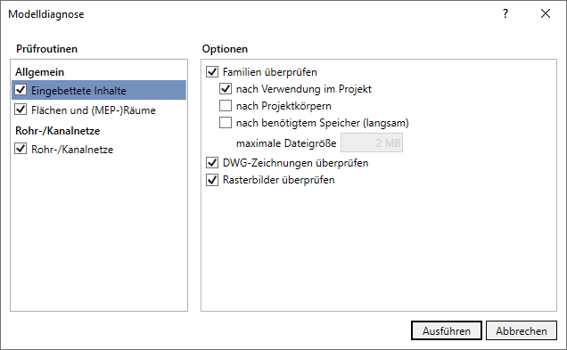 Dialog Modelldiagnose Linear Revit