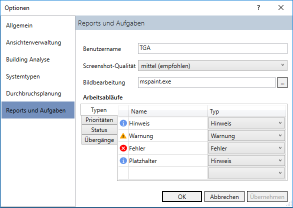 Dialog Optionen Reports Linear Revit