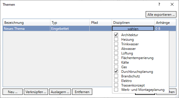 Themen Dialog Linear Revit